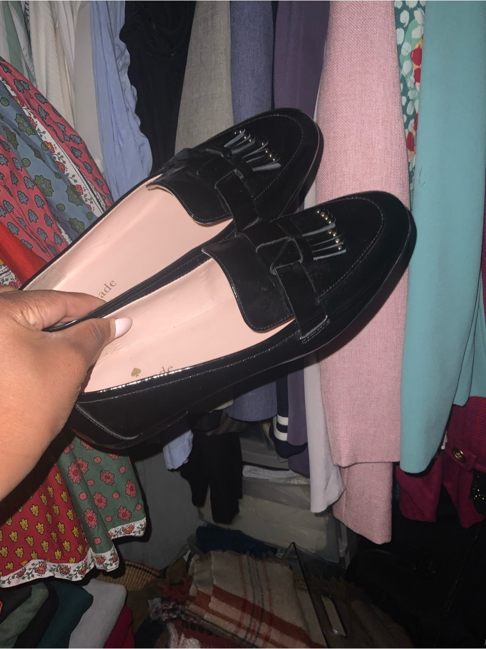 kate spade Black Tassel Penny Loafers with Nude-Pink Lining